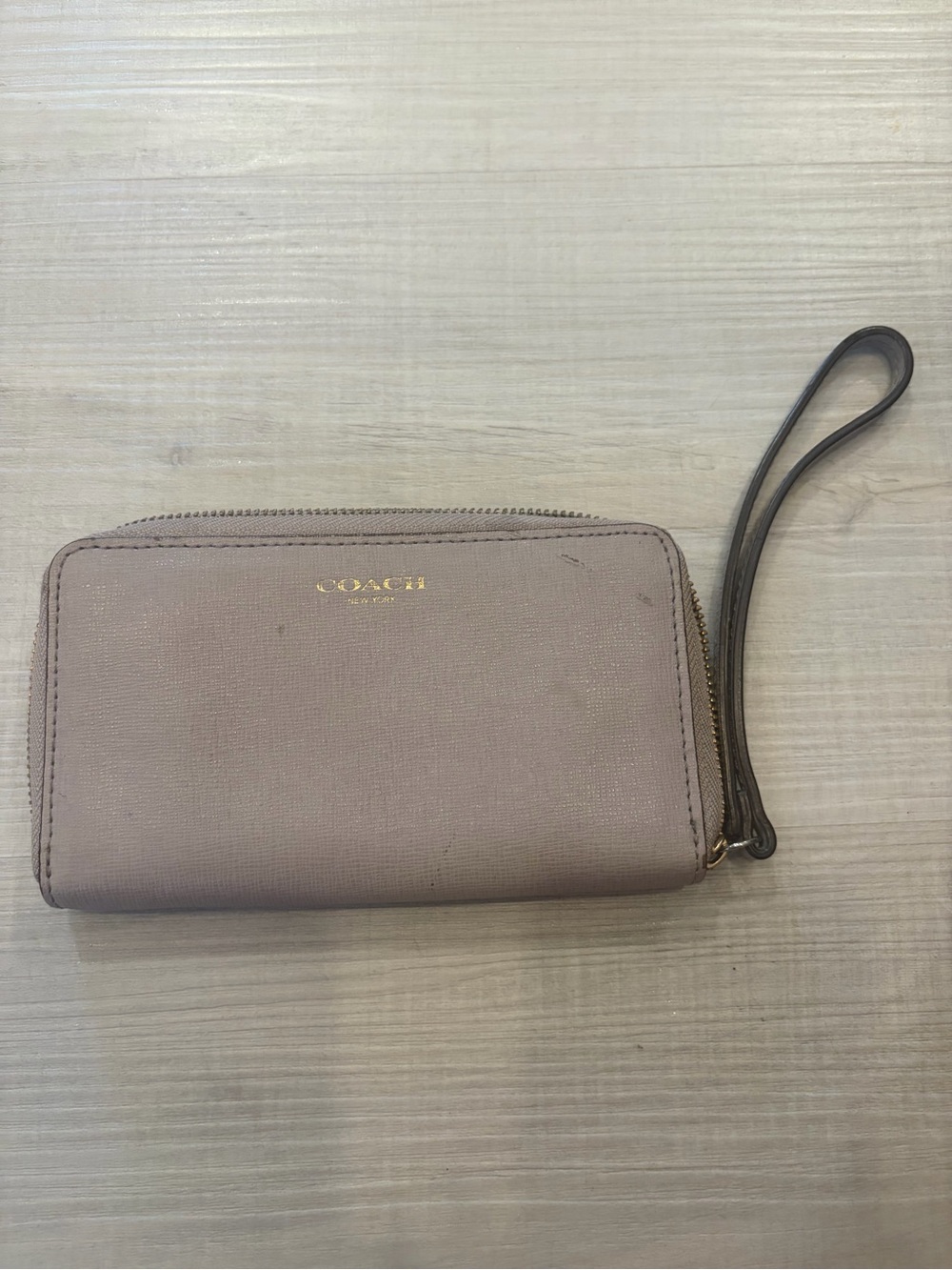 Coach Pebbled Leather Zip Wristlet in Taupe Beige